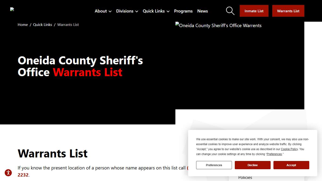 Warrants List Oneida County Sheriff's Office