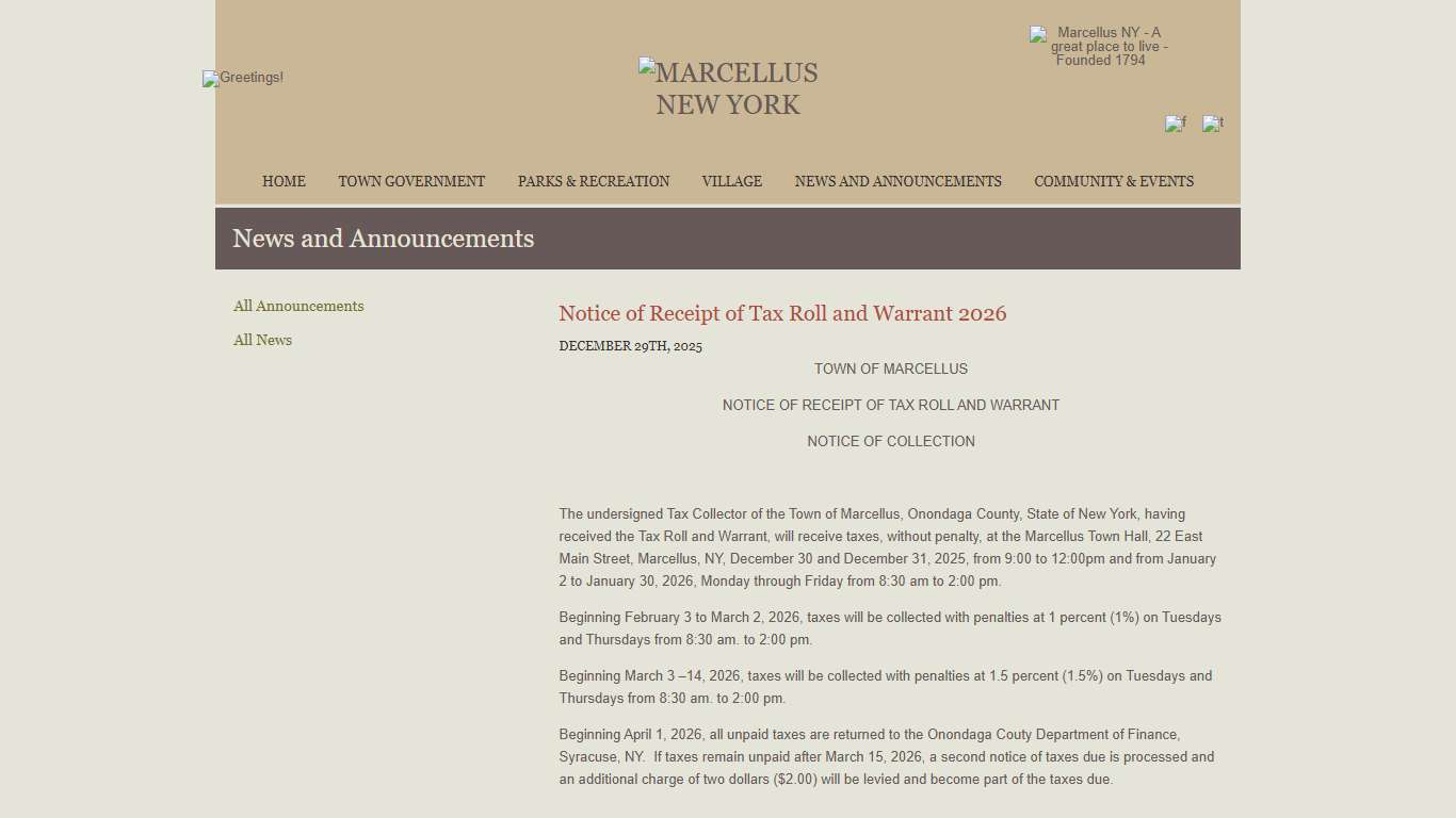 Notice of Receipt of Tax Roll and Warrant 2026 Town of Marcellus